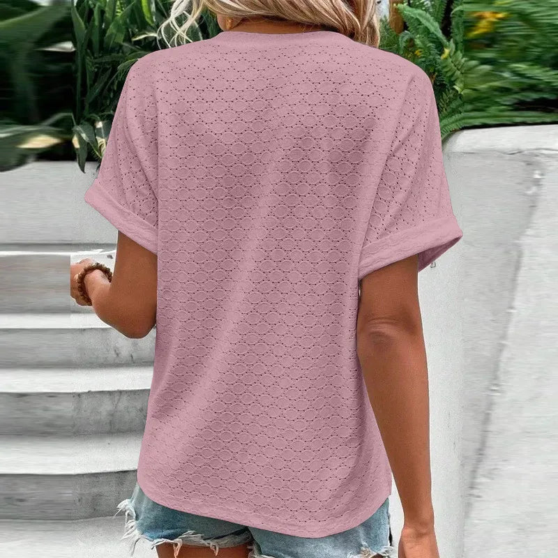 2023 New Fashion Women Blouses Casual Jacquard Button V-Neck Solid Loose Shirts Summer Short Sleeve Oversized Tops Female