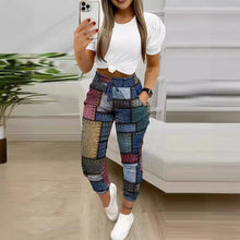 Load image into Gallery viewer, Fashion Short Sleeve Shirt Trousers Set Office Lady Casual Loose Round  Neck Letter Print Color Two Piece Set Women Outfit 2024