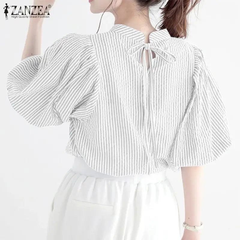 ZANZEA Women Summer Elegant Striped Shirt Fashion 3/4 Lantern Sleeve Blouse Office Work Tops Casual Female Loose Party Blusas