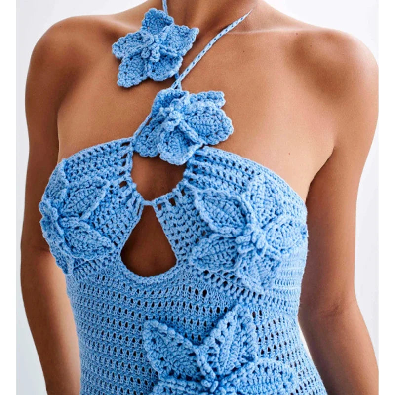 Fashion Halter Crochet Hook Solid Maxi Dresses Women Elegant Backless Off Shoulder Slim Long Dress 2024 New Lady Beach Robes