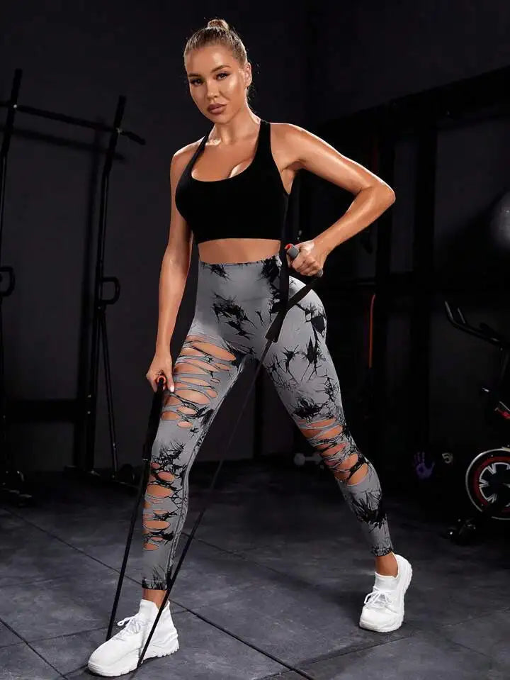 New Sexy Hollow Out Tie Dye Leggings Women Seamless Leggings High Waist Hip Liftting Stretchy Sports Fitness Running Yoga Tights