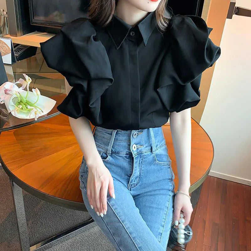 Korean Vintage Puff Sleeve Women Summer Chic Black Fashion Blouse Design Office Lady Tops Harajuku Casual White Tops