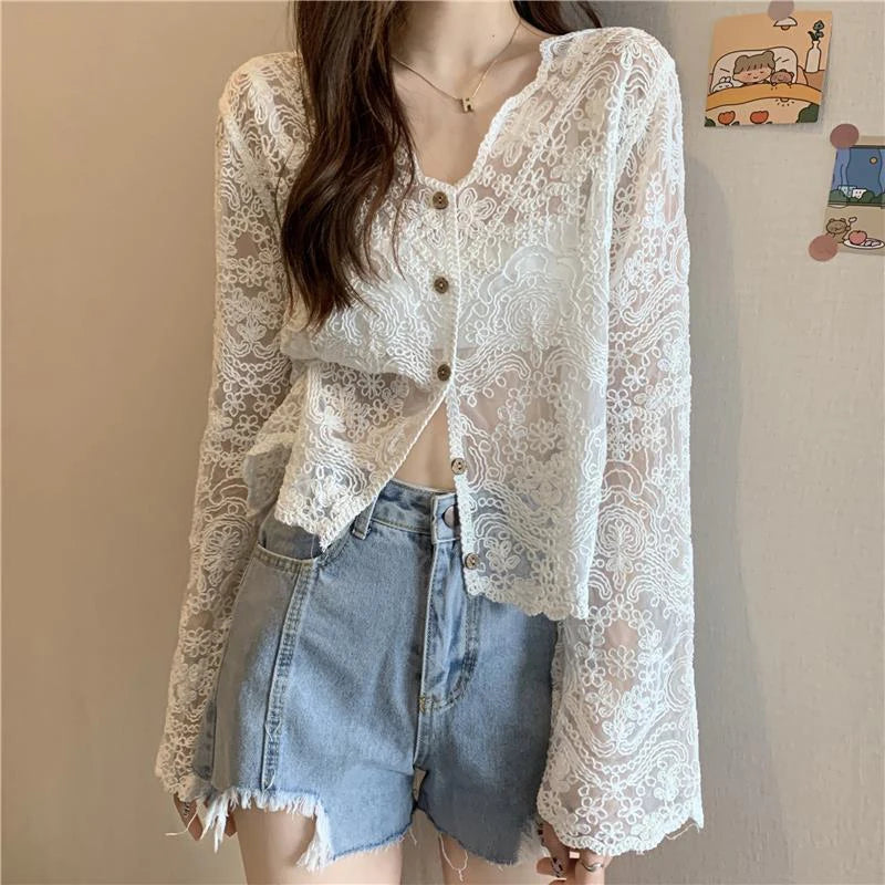 MEXZT Vintage Lace Blouse Women Sheer Long Sleeve Sunscreen Shirt Cardigan Vacation Korean Elegant Casual Sun Protection Top