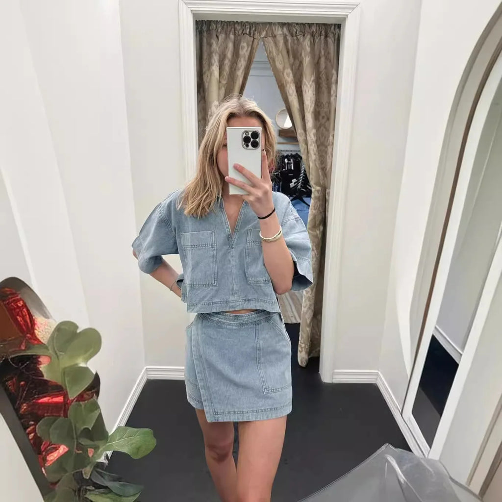 2024 Summer Women Blue Denim Skirt Suit Loose 2 Piece Set Short Sleeve with Pocket Shirt and Irregular Skirt Female Street Out