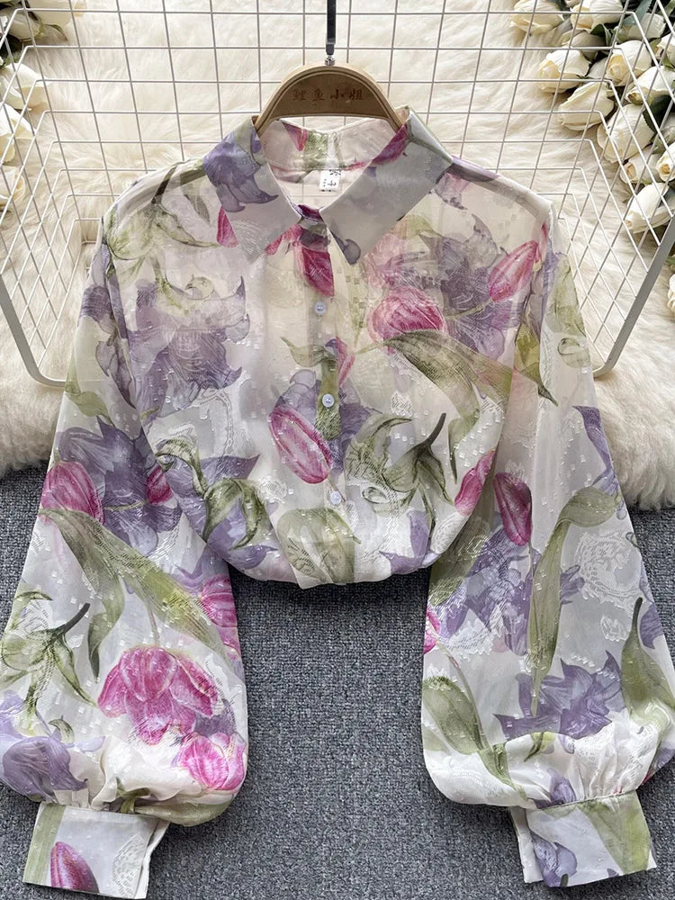 Spring Autumn Temperament Fashion Retro Chiffon Floral Blouses Print Loose Lapel Puff Sleeve Top Button Up Shirt Female GD611