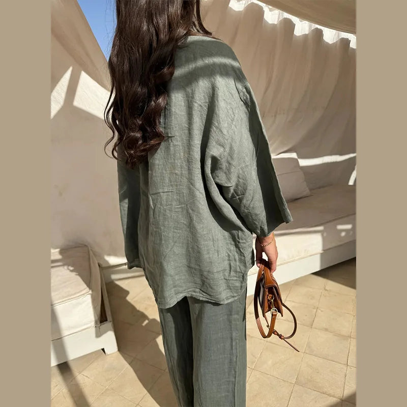 Causal Linen With Pocket Shirt Pants Suits Women Wide Leg Pants Long Sleeves Shirt Sets Ladies Loose High Street 2 Piece Outfits