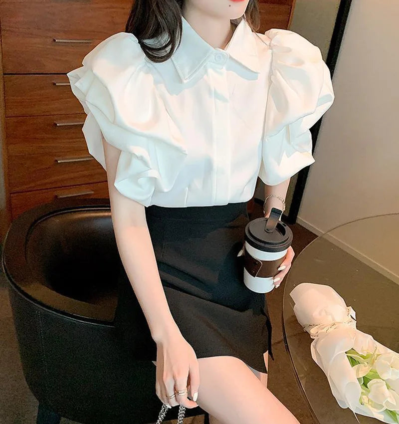 Korean Vintage Puff Sleeve Women Summer Chic Black Fashion Blouse Design Office Lady Tops Harajuku Casual White Tops