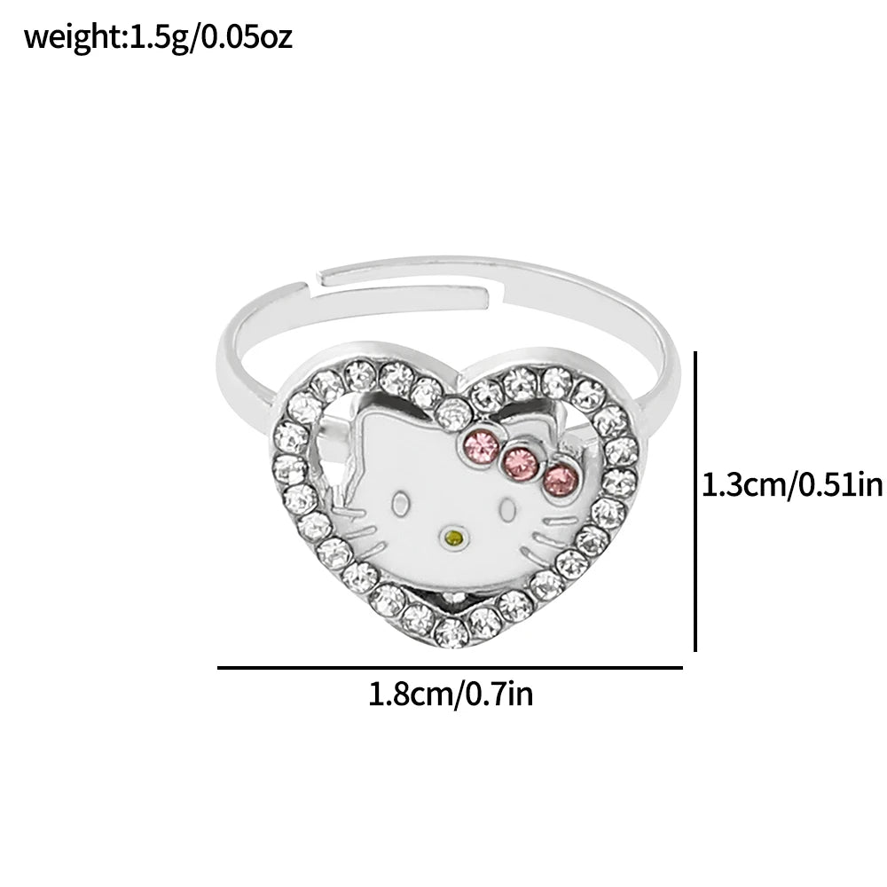 Anime Sanrio Hello Kitty Rings Heart  Shape Rhinestone Open Adjustable Cute KT Cat Ring Accessories Fashion Jewelry Gifts