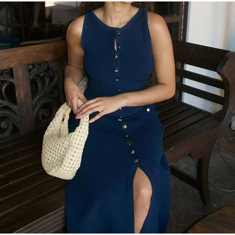 Elegant New Fake Pockets Knitted Long Dress Fashion Single Button Sleeveless O Neck Slim Dresses Summer Lady Commute Party Wear