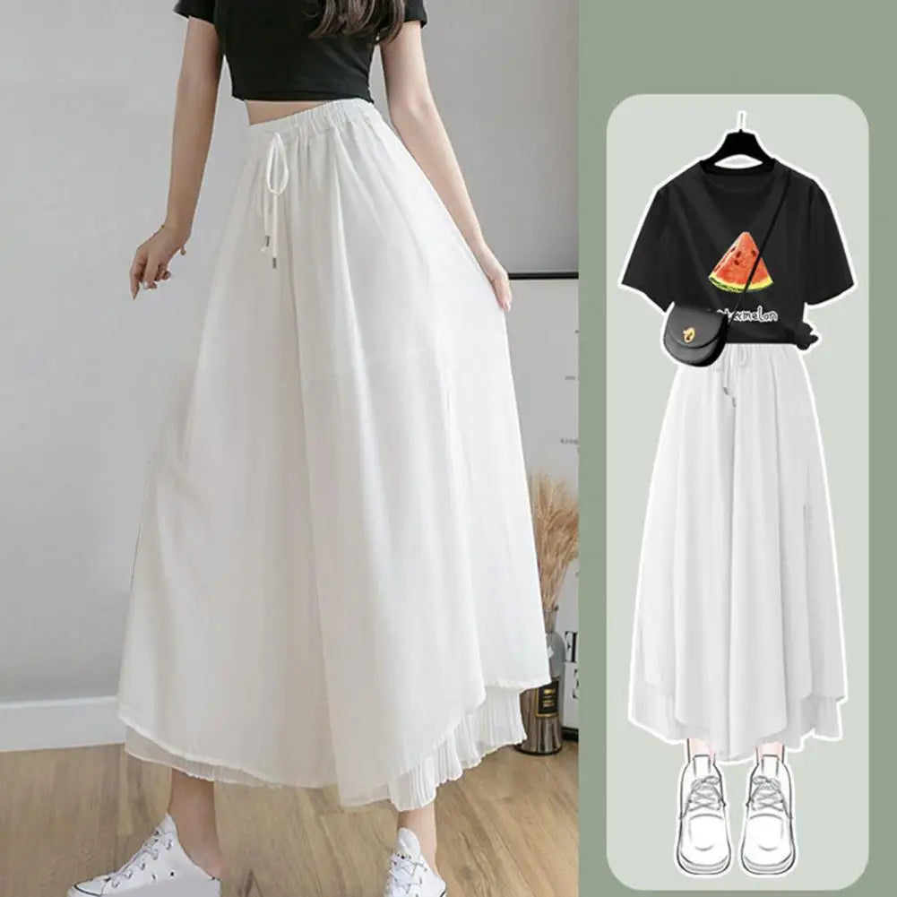 Women Pants Culottes Elastic Wide Leg Irregular Hem Double Layers Korean Trousers Summer Casual Loose Pleated Pants