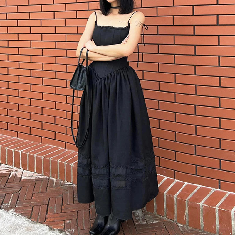 Black Lace Pleated Dress Trim A-Line Spaghetti Strap Backless Vintage Punk Long Dress Women Night Prom Korean Gothic Sundress