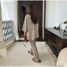 Load image into Gallery viewer, Women Vintage Solid Loose Pants Suit Lapel Single Breasted Long Sleeve Shirt Wide Leg Pants 2 Pcs Set 2024 New Ladies Streetwear