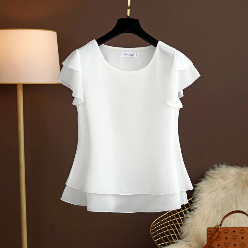 M-6XL Fashion Brand Summer Oversized Loose and Thin Casual Blouse Top Short Sleeve Chiffon Top White Blouse Green Women’s Tops