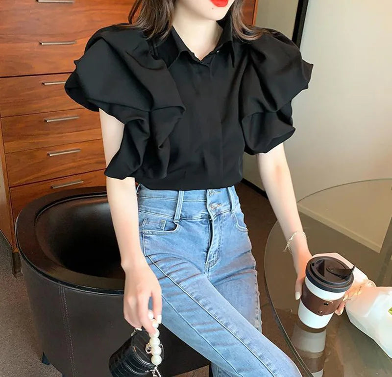 Korean Vintage Puff Sleeve Women Summer Chic Black Fashion Blouse Design Office Lady Tops Harajuku Casual White Tops