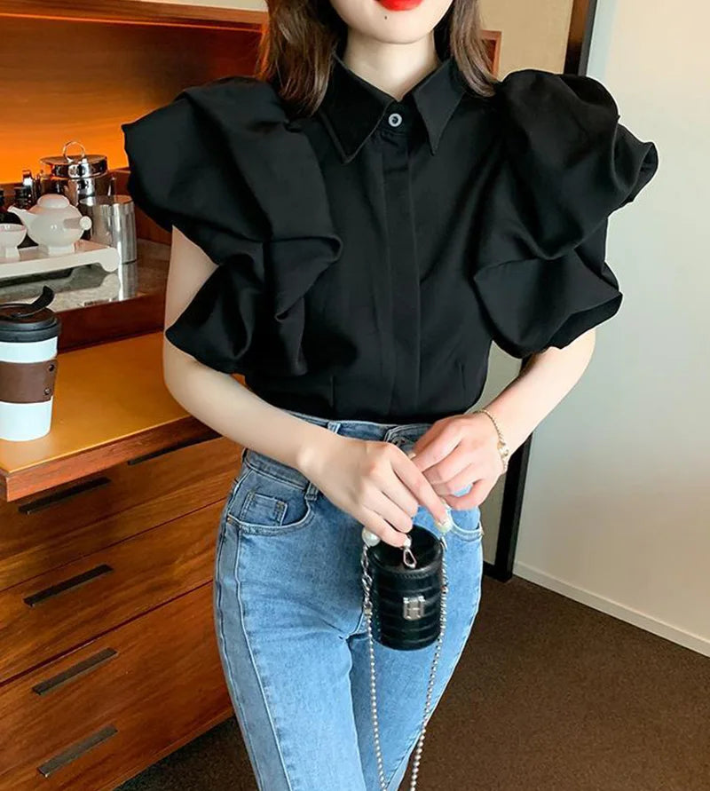 Korean Vintage Puff Sleeve Women Summer Chic Black Fashion Blouse Design Office Lady Tops Harajuku Casual White Tops