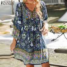 Load image into Gallery viewer, ZANZEA V-Neck Short Sleeve Floral Printed Sundress Women Summer Bohemian Dress Vintage Loose Elegant Casual Holiday Beach Robe