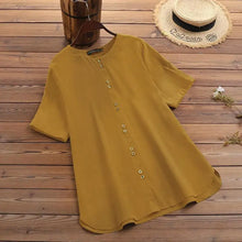 Load image into Gallery viewer, ZANZEA Summer Casual Loose Tunic Tops Women Vintage OL Shirt O Neck Short Sleeve Blouse Solid Cotton Blusas Buttons Down Chemise