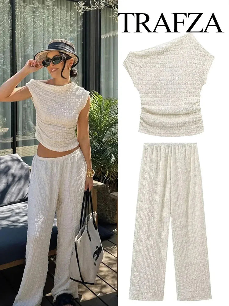 TRAFZA Women Summer Fashion Suit Solid Skew Collar Sleeveless Tops+Mid Waist Elastic Waist Wide Leg Pants Female Chic Set Traf