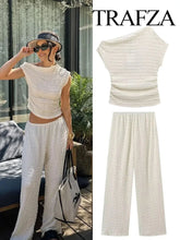 Load image into Gallery viewer, TRAFZA Women Summer Fashion Suit Solid Skew Collar Sleeveless Tops+Mid Waist Elastic Waist Wide Leg Pants Female Chic Set Traf