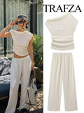 TRAFZA Women Summer Fashion Suit Solid Skew Collar Sleeveless Tops+Mid Waist Elastic Waist Wide Leg Pants Female Chic Set Traf