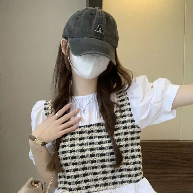 Sweet Spliced Ruffles Striped Puff Sleeve Fake Two Piece Blouse Women's Clothing 2023 Summer New Casual Pullovers Plaid Shirt