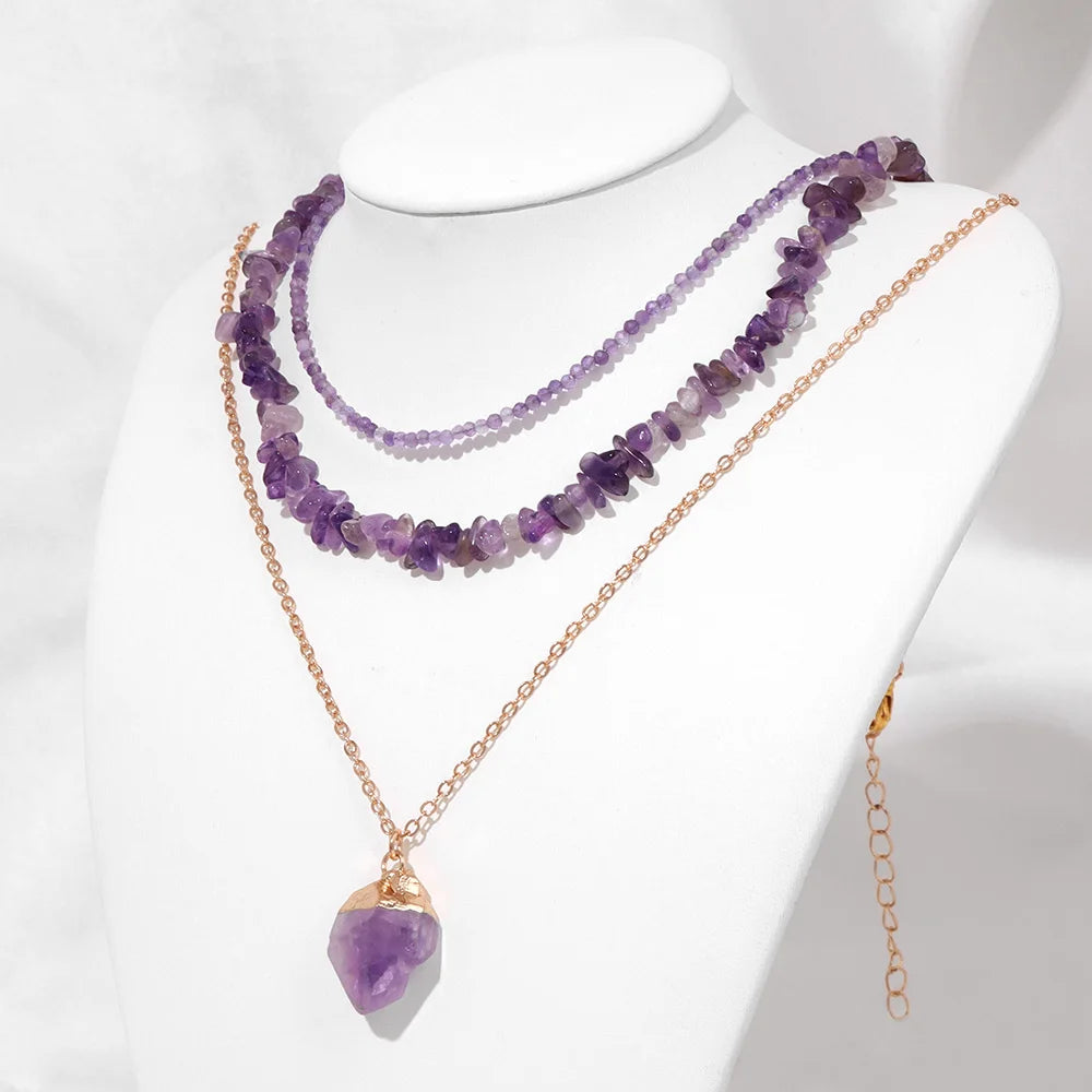 3Pcs/Lot Irregular Stone Necklaces Freeform Natural Stone Pendant Necklace Crystals Amethysts Necklace for Women Men Jewelry