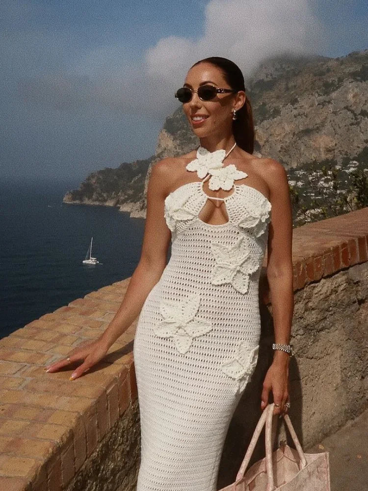 Fashion Halter Crochet Hook Solid Maxi Dresses Women Elegant Backless Off Shoulder Slim Long Dress 2024 New Lady Beach Robes