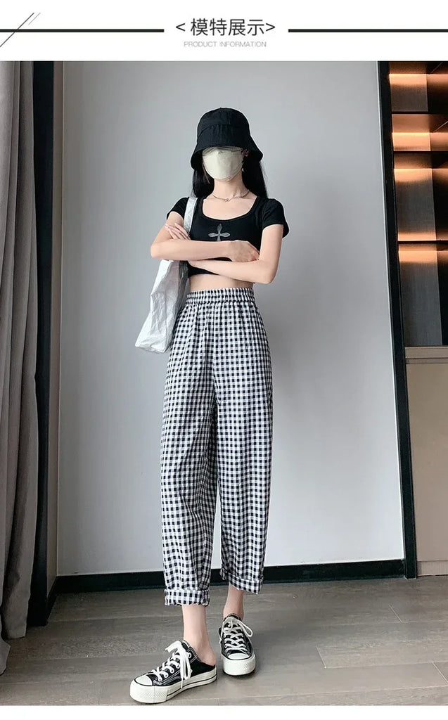 New Women's Checkered Cotton Hemp High Waist Casual Haren Pants Summer Korean Fashion Loose Women Seven Split Wide Leg Pants