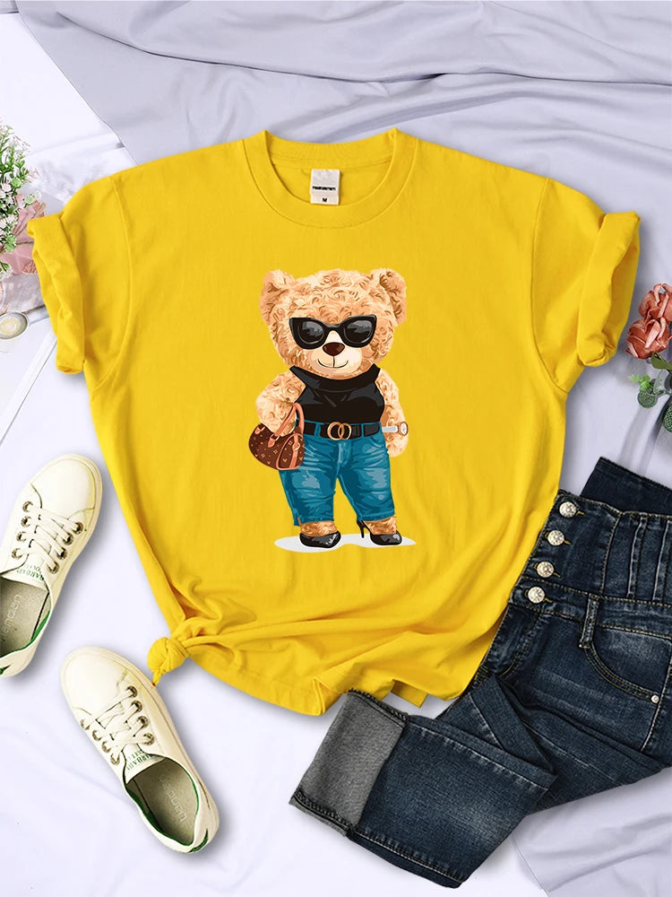 Fashion Teddy Bear Rich Woman T-Shirt Street Hip Hop Short Sleeves Personality Hip Hop T Shirt O-Neck Breathable Summer Tees