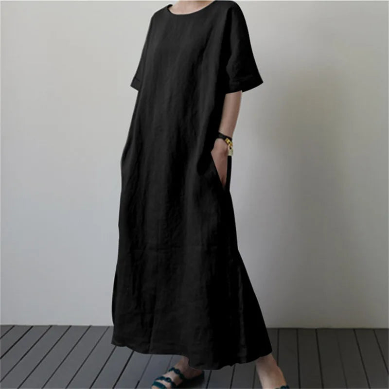 2024 Summer Fashion New Women's Cotton and Hemp Loose Solid Short Sleeved Tie Waist Belt Split Casual Elegant Dress