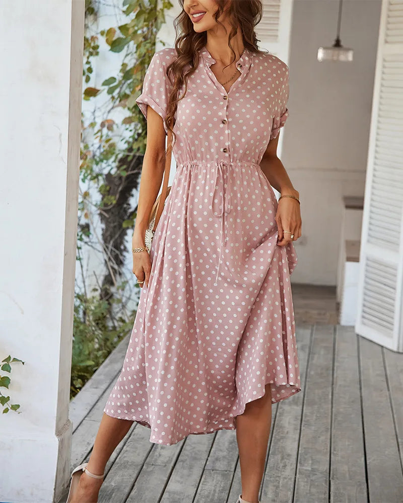 Ladies Polka Dot Print Shirt Dress Women Casual Midi Holiday Summer Dress Female Loose Women Beach Dress Sundress Robe Vestidos