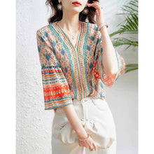 Load image into Gallery viewer, Woman Summer Vintage Style Chiffon Blouses Tops Lady Casual Hafl Flare Sleeve V-Neck Printed Blusas Tops ZZ1326