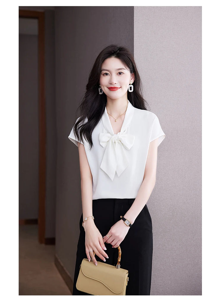 Bow Tie Blouse Shirt for Women OL Elegant Blouses Satin Womens Tops Silk Female Clothing 2023 Korean Fashion Short Sleeve Blouse