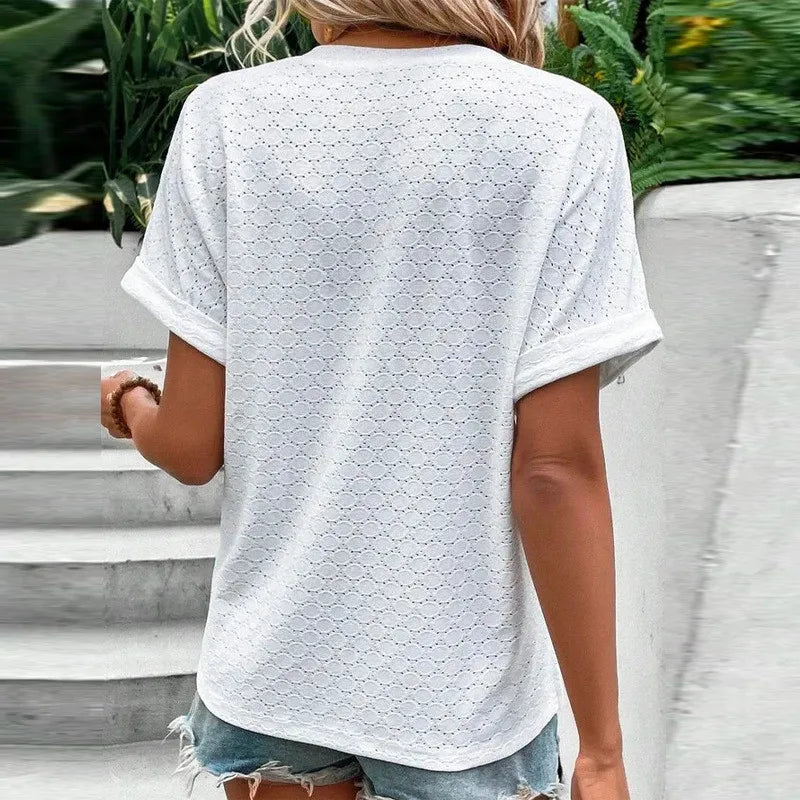 2023 New Fashion Women Blouses Casual Jacquard Button V-Neck Solid Loose Shirts Summer Short Sleeve Oversized Tops Female