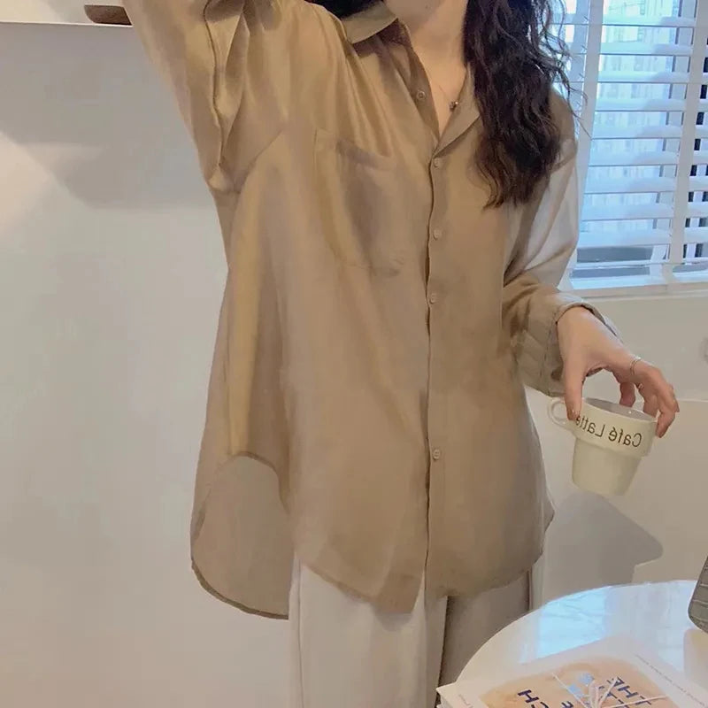 White Shirt Women Fashion Simple Preppy Style Summer Thin Top Casual All Match Korean Loose Long Sleeve Sunscreen Blouse New