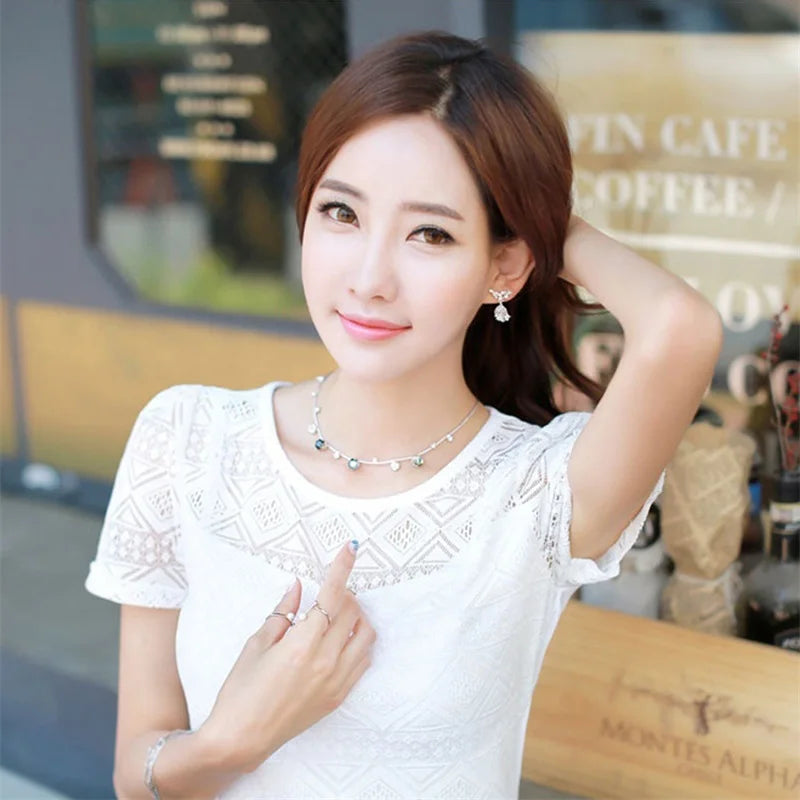 Women Summer Chiffon Blouse Lace Crochet Female Korean Shirts Ladies Blusas Tops Shirt White Blouses Slim Fit Tops 2024 New