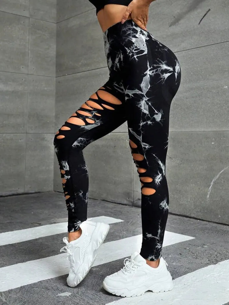 New Sexy Hollow Out Tie Dye Leggings Women Seamless Leggings High Waist Hip Liftting Stretchy Sports Fitness Running Yoga Tights