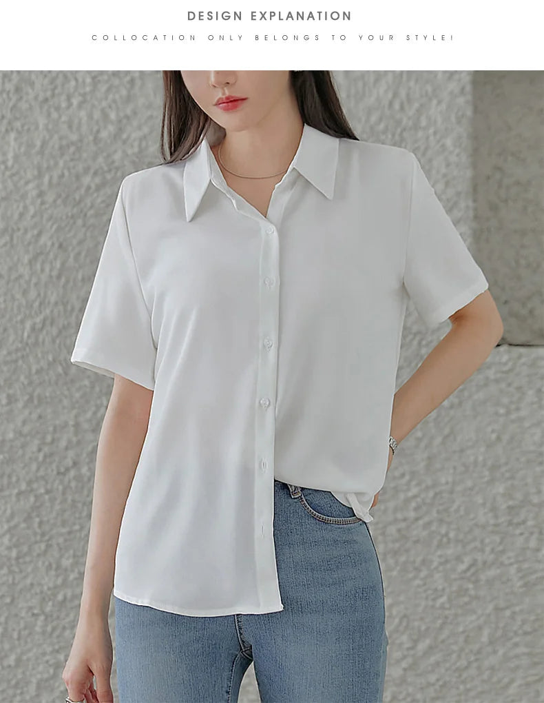 New Women'S Summer Lapel Short Sleeved Slimming Casual Versatile Shirt Female Comfortable Thin Fashionable Professional Top