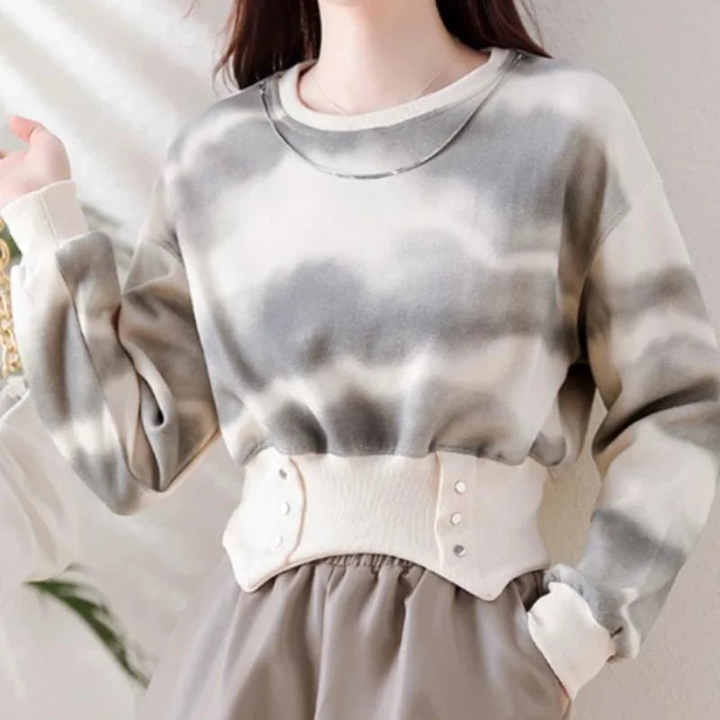 New Style Autumn and Winter Women's Tie Dye O-Neck Long Sleeve Short Button Slim Plush Pullovers Fashion Casual Korean Tops