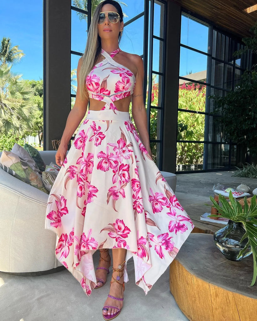 New Bohemian Sexy Printed Women Dresses Halter Sleeveless Backless Naked Waist Long Dress Fashion Summer Beach Holiday Robe