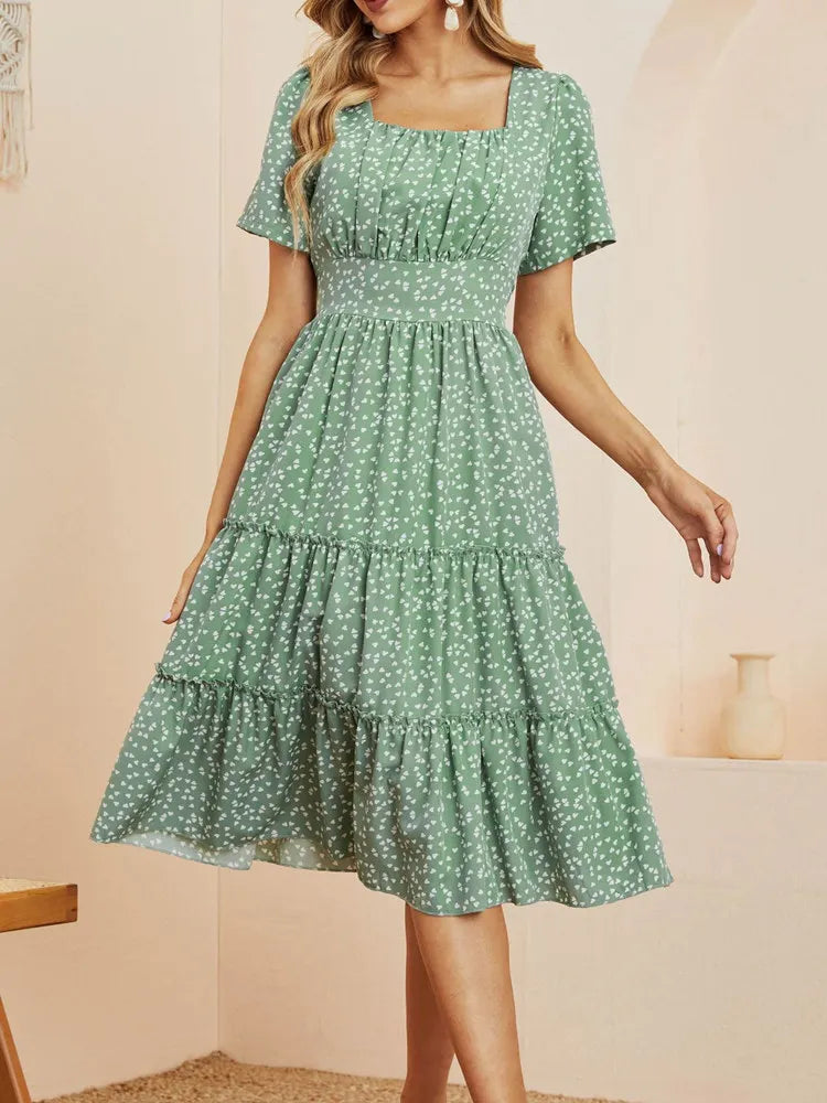 Fashion Square Collar Bubble Sleeve Floral Dress Women Medium Long Spring Summer Dress