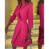 Women's Autumn Commuter Dress Fashionable Tie Up Waist Folded Dress with Folded Collar Middle Sleeve Solid Color Printed Dress