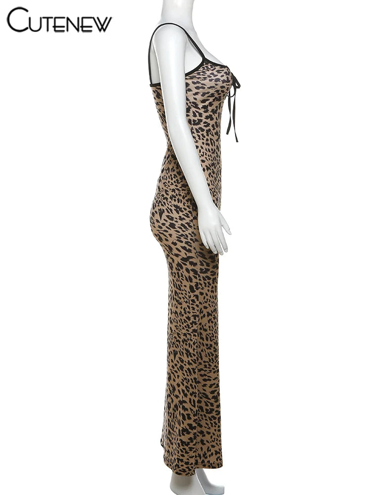 Cutenew Women's Leopard Printed Maxi Dress Elegant Spaghetti Strap Backless Lace-up Robe Skinny Retro Dresses Vestidos New 2023