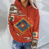 Womens Casual Geometric Horse Print Long Sleeve Drawstring Pullover Tops, Ethnic Style Hooded Sweatshirt