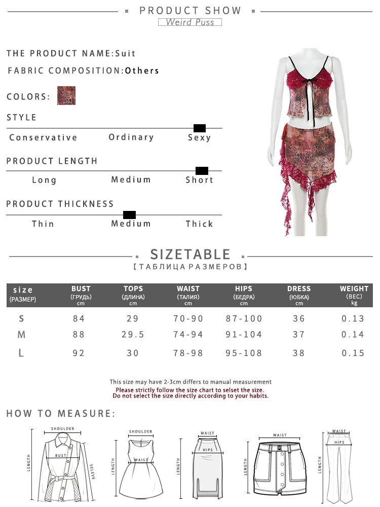 Weird Puss Women 2Piece Set Print Ruffles Decoration Bandage Split Camisole+Tassel Skirt Sexy Slim Y2K Party Prom Matching Suit