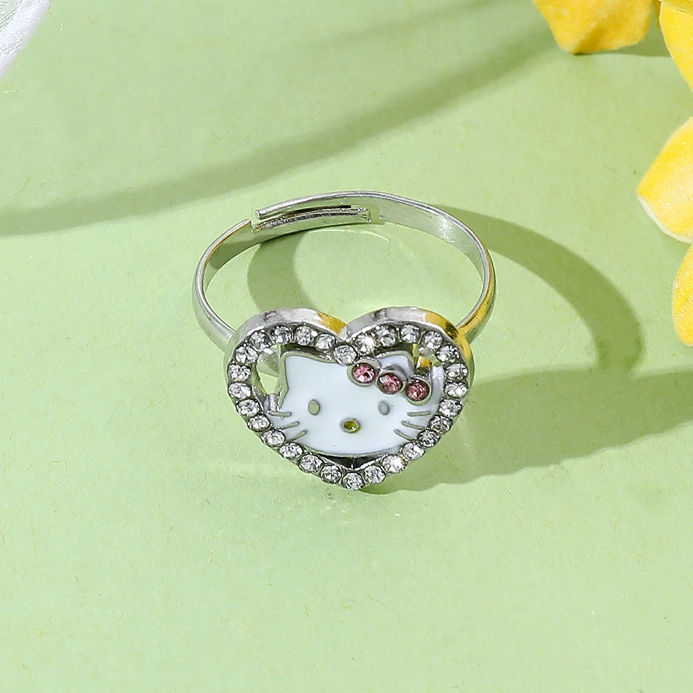 Anime Sanrio Hello Kitty Rings Heart  Shape Rhinestone Open Adjustable Cute KT Cat Ring Accessories Fashion Jewelry Gifts