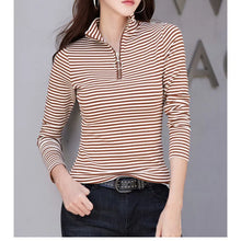 Load image into Gallery viewer, Spring and Autumn Women&#39;s Pullover Half High Neck Zipper Solid Stripe Contrast Long Sleeve T-shirt Underlay Elegant Casual Tops