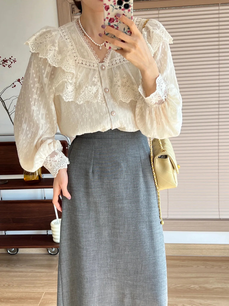 Vintage French Women Shirts Lace Lolita Elegant Long Sleeve Flounce Blouse High Quality Office Lady New Fashion Chic Female Tops