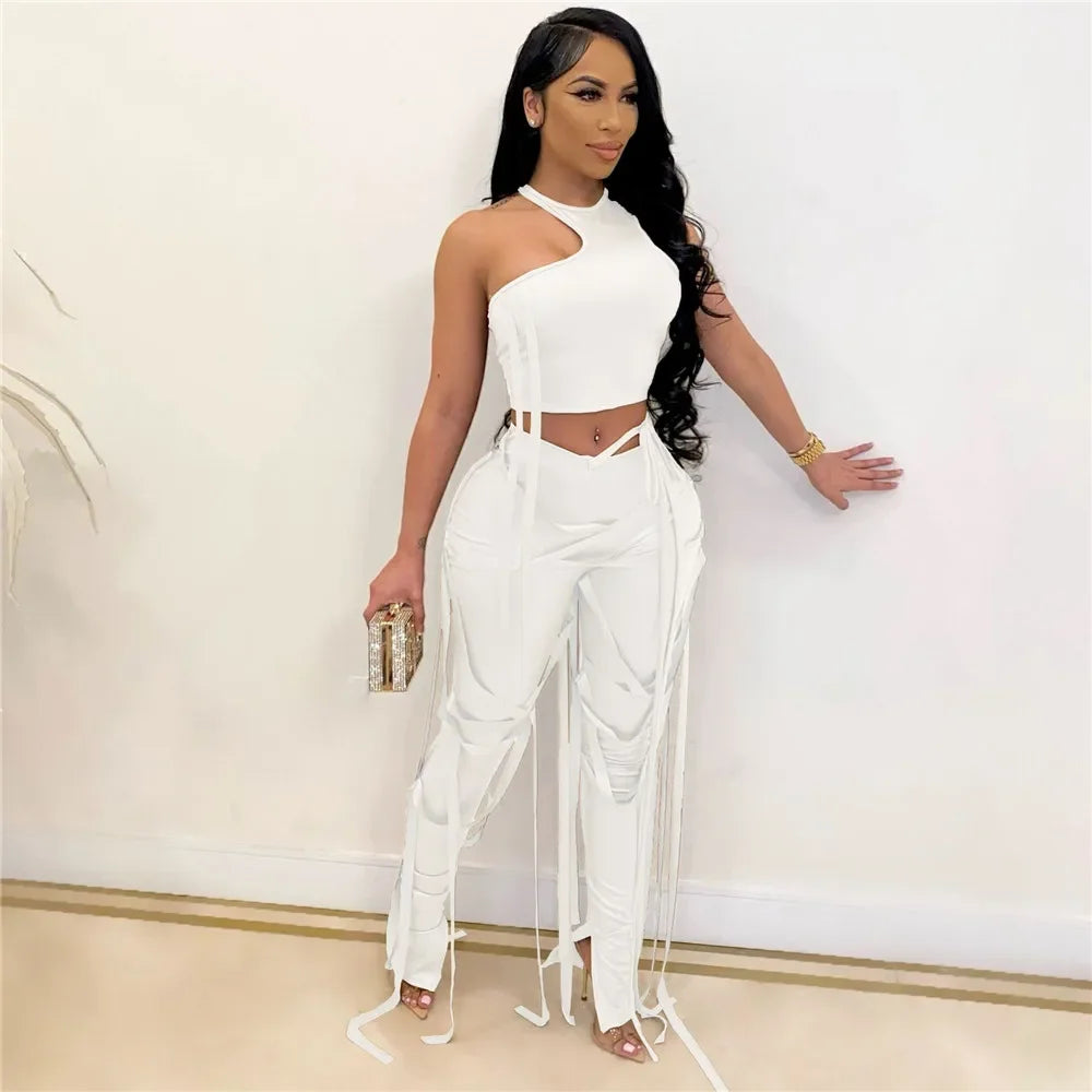 Y2K PU Faux Leather Two Piece Outfits for Women Party Club Matching Sets Ribbons Crop Top and Pants 2 Piece Sets Women Outfits