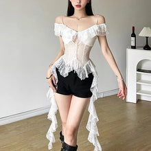 Load image into Gallery viewer, White Lace T Shirt Streetwear See Through Shirt Bandage Tees 2000s Vintage Y2k Aesthetic Irregular Y2k Crop Top Harajuku Summer